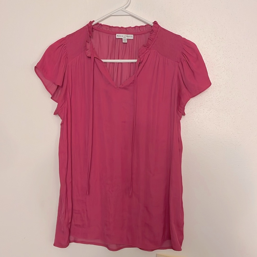 Magenta Ruffle Tie-Front Flutter Sleeve Blouse